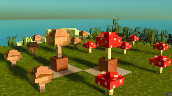 Red and brown mushroom models arranged on a grassy platform beside the sea