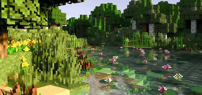 Flower-covered pond surrounded by reeds and dense green trees